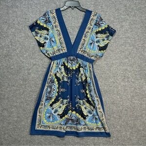 Bailey Blue Women's M Blue Floral Paisley Deep V-Neck Stretchy Dress Summer EUC